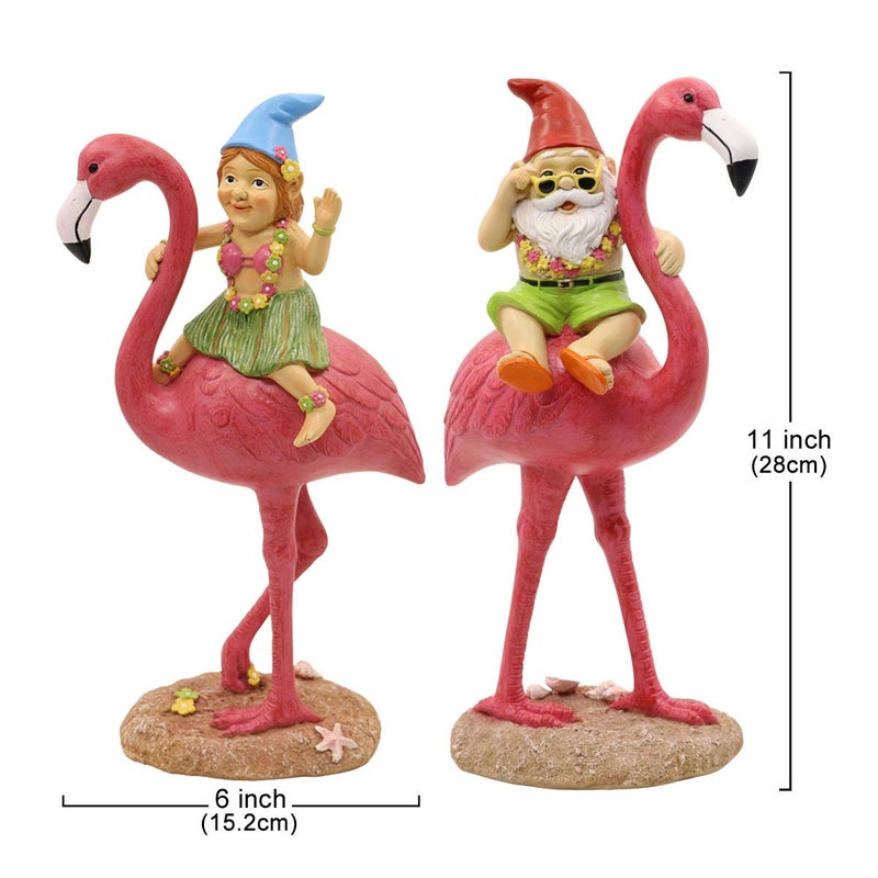 Goodeco 2Pack Gnome Riding Flamingo Statues - 11 "Adorable Hawaii Pink Flamingo Gifts, Birthday & Mom Gifts, Perfect Home and Garden Decor, Beach Party Decorations (M&L) - Image 3